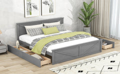 King Size Wooden Platform Bed with Four Storage Drawers and Support Legs - Grey