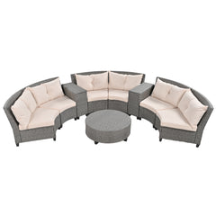 6-Person Fan-shaped Rattan Suit Combination with Cushions and Table, Suitable for Garden - Beige