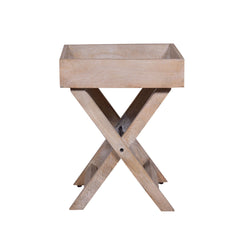 22 Inch Farmhouse Square Tray Top End Table, Mango Wood, X Shape Foldable Frame - Washed White/Natural