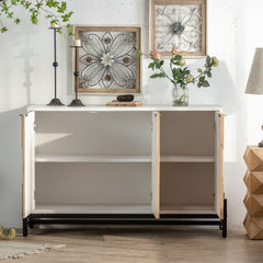 Retro Fashion Style 3-Door Storage Cabinet with Vertical Grain Embossed Design and Double Layer Storage Space - White + Oak