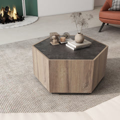 Hexagonal Rural Style Garden Retro Living Room Coffee Table with 2 drawers - Textured Black + Warm Oak