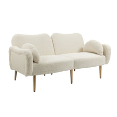 Mid Century Modern Velvet Love Seats Sofa with 2 Bolster Pillows, Loveseat Armrest - White Teddy