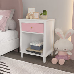 Wooden Nightstand with One Drawer One Shelf for Kids - Pink