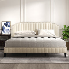 King Size Modern Linen Curved Upholstered Platform Bed - Cream