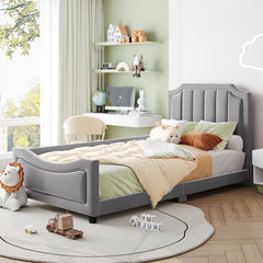 Twin Size Upholstered Daybed with Classic Stripe Shaped Headboard - Gray