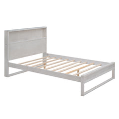 Full Size Platform Bed with Storage Headboard, Sockets and USB Ports - Antique White