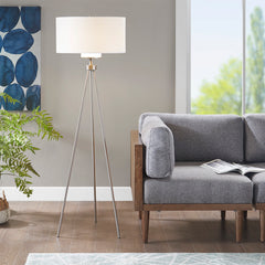 Pacific Tripod Metal Tripod Floor Lamp with Glass Shade - Silver
