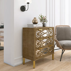 Wooden Storage Cabinet with 3 Drawers, Vintage Mirrored Cabinet - Natural