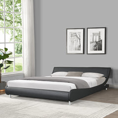King Size Faux Leather Upholstered Platform Bed Frame, Curve Design, Wood Slat Support, No Box Spring Needed - Black