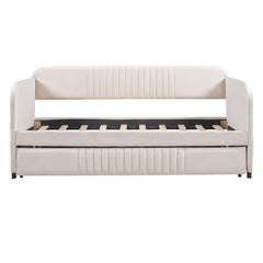 Upholstered Daybed Sofa Bed Twin Size With Trundle Bed and Wood Slat - Beige
