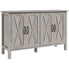 Buffet Cabinet, 47" Sideboard with 4 Barn Doors and 2 Adjustable Shelves, Farmhouse Coffee Bar Cabinet, Gray Wood Grain