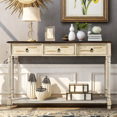Console table with beige drawers and projecting drawers
