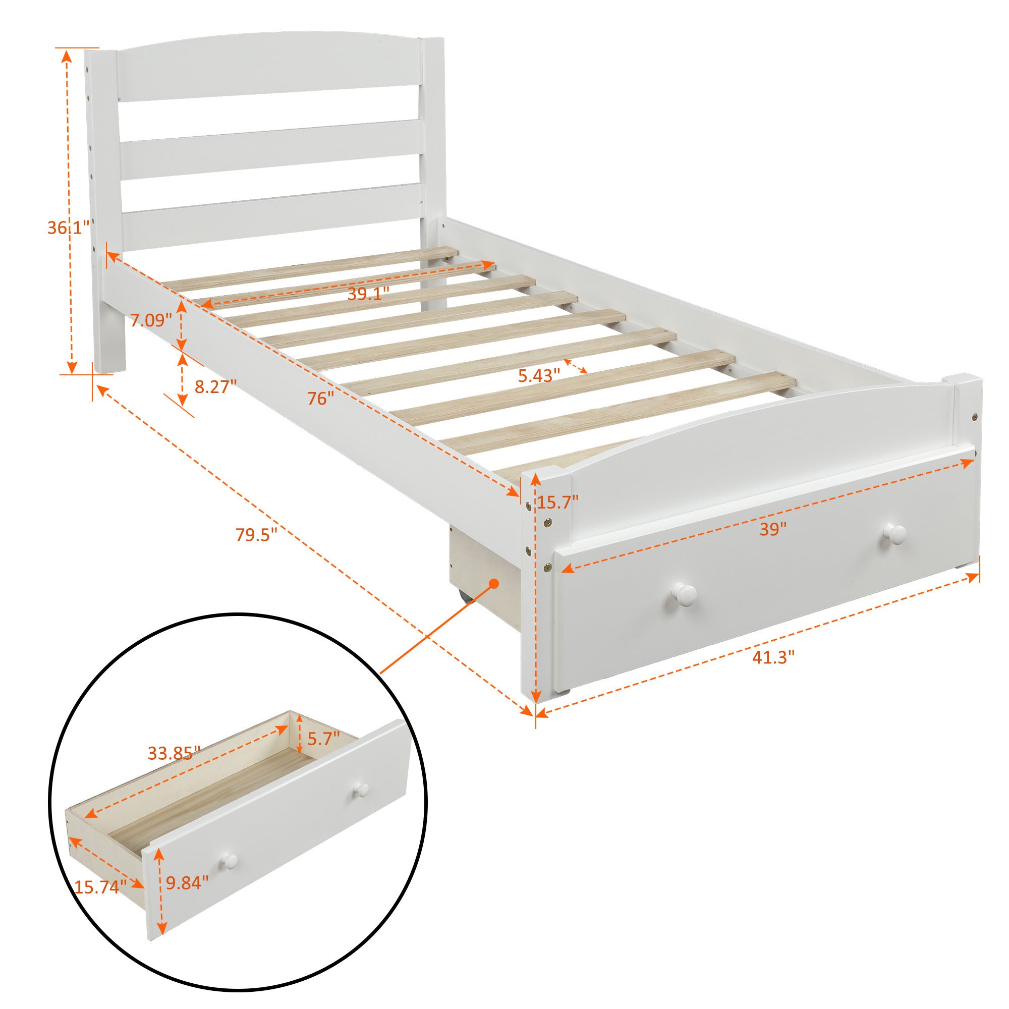 Platform Twin Bed Frame with Storage Drawer and Wood Slat Support No Box Spring Needed - White