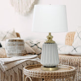 25" Pleated Ceramic End Table Desk Lamp, Metal Accents, White Fabric - Grey
