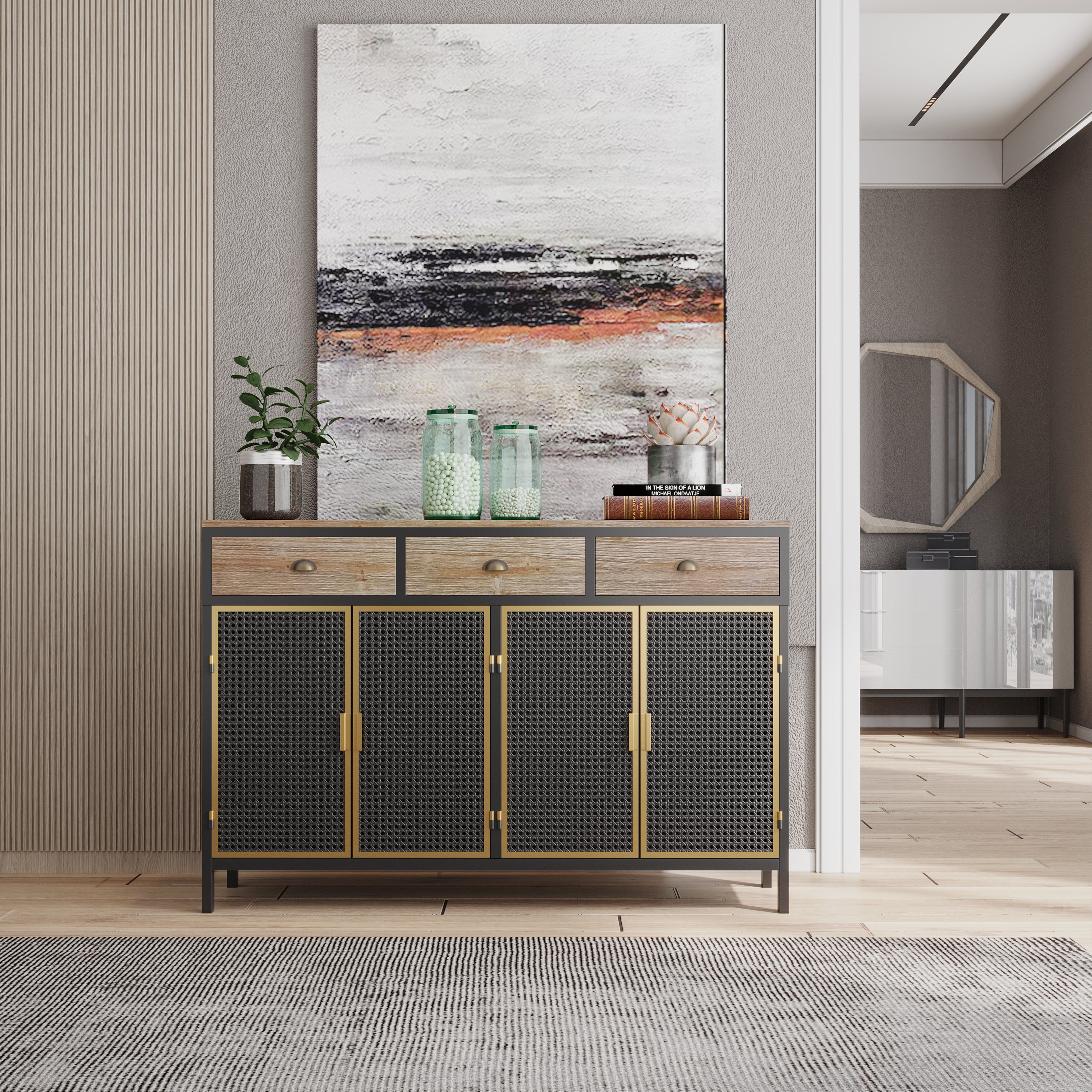 MAICOSY 48" Wide 4 Doors Modern Sideboard with 3 Top Drawers Attractive Stand