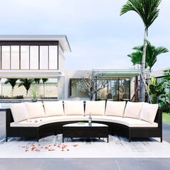 5 Pieces All-Weather Brown Rattan Sofa Set Outdoor Patio with Tempered Glass Table - Beige