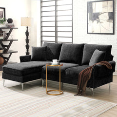 84 " Convertible Sectional Sofa, Modern Chenille L-Shaped Sofa Couch with Reversible Chaise Lounge, Fit for Living Room, Apartment (2 Pillows) - Black