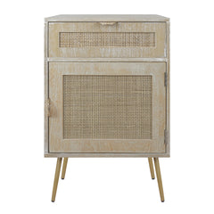 Wooden Nightstand with Rattan Panel, One Drawer, One Cabinet and Metal Feet - Natural