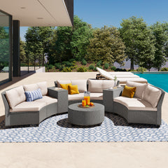 6-Person Fan-shaped Rattan Suit Combination with Cushions and Table, Suitable for Garden - Beige