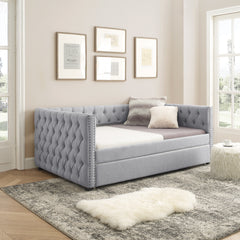 Full Daybed & Twin Trundle with Button and Copper Nail on Square Arms - Grey