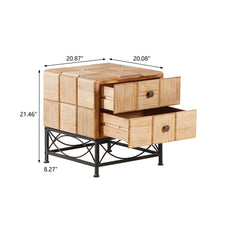 Small Grid Splicing Design Retro Square Coffee Table with 2 Drawers - Natural
