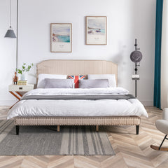 King Size Bed with Headboard Solid Wood Frame, Nailhead Trim - Beige