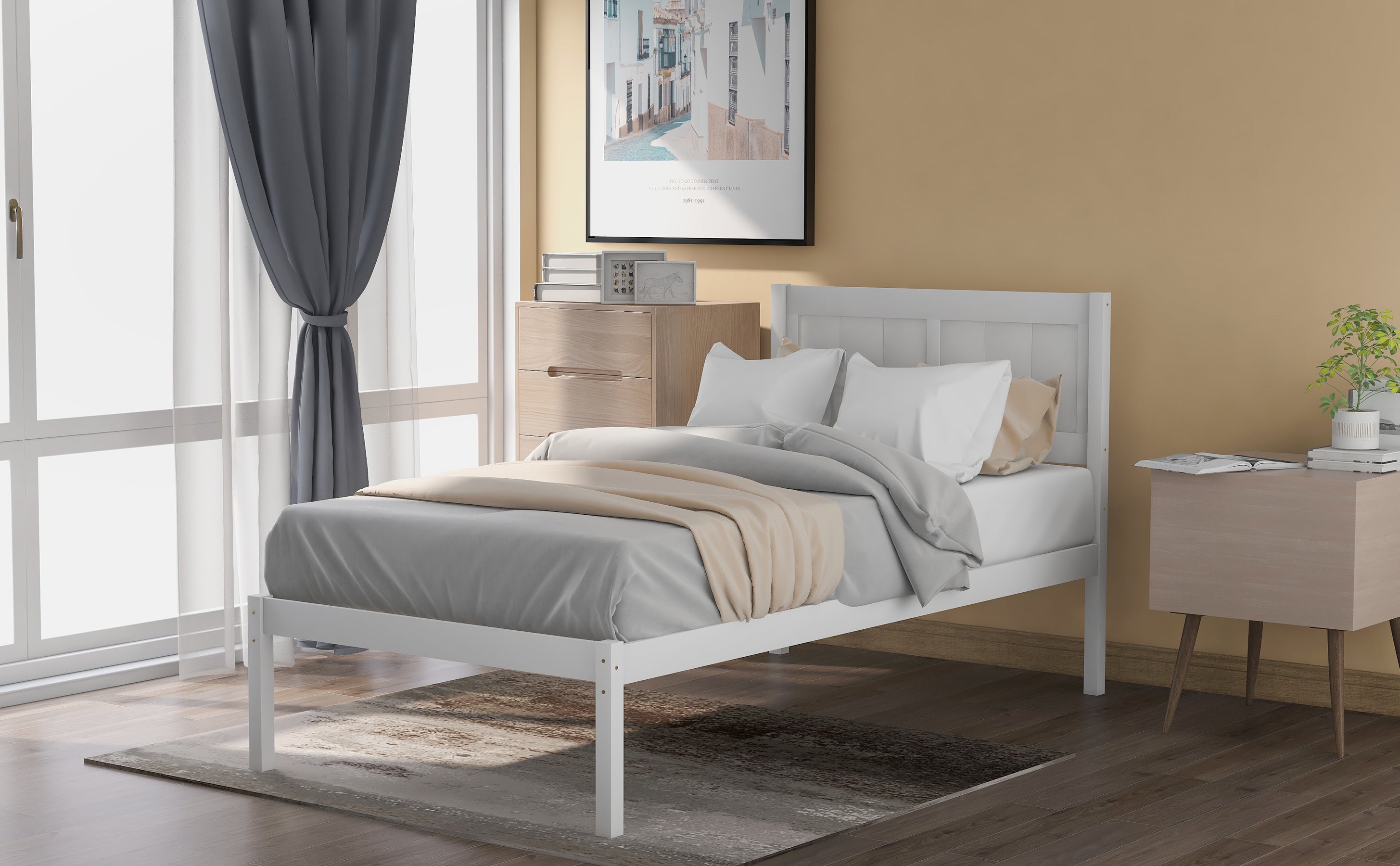 Wood Platform Twin Size Platform Bed with Headboard - White