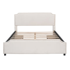 Queen Size Upholstered Platform Bed with Stud Trim Headboard and Footboard and 4 Drawers No Box Spring Needed, Velvet Fabric - Beige