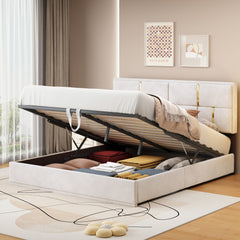 Queen Size Upholstered Platform Bed with Hydraulic Storage System, No Box Spring Needed - Beige