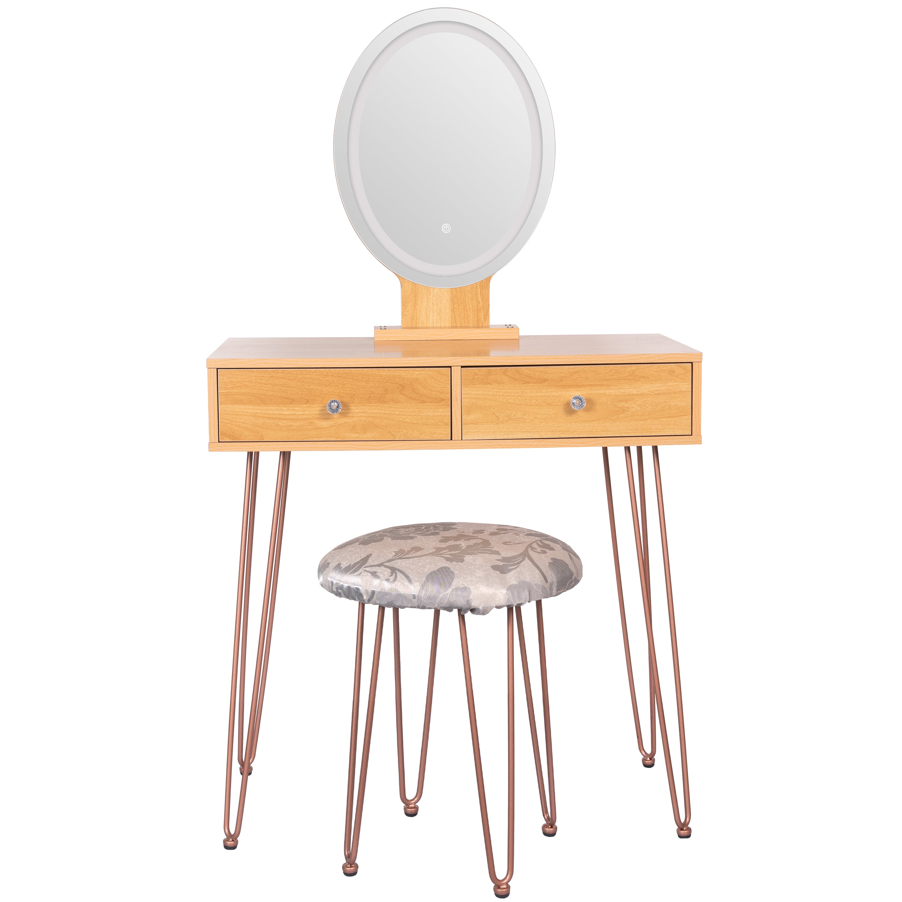Dressing Table White Vanity Set with 3-Color Dimmable Lighted Mirror Makeup Desk with 2 Drawers and Yellow Padded Stool