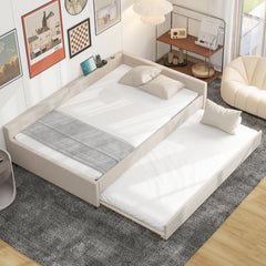 Full Size Upholstered Platform Bed with USB and Twin Size Trundle - Beige