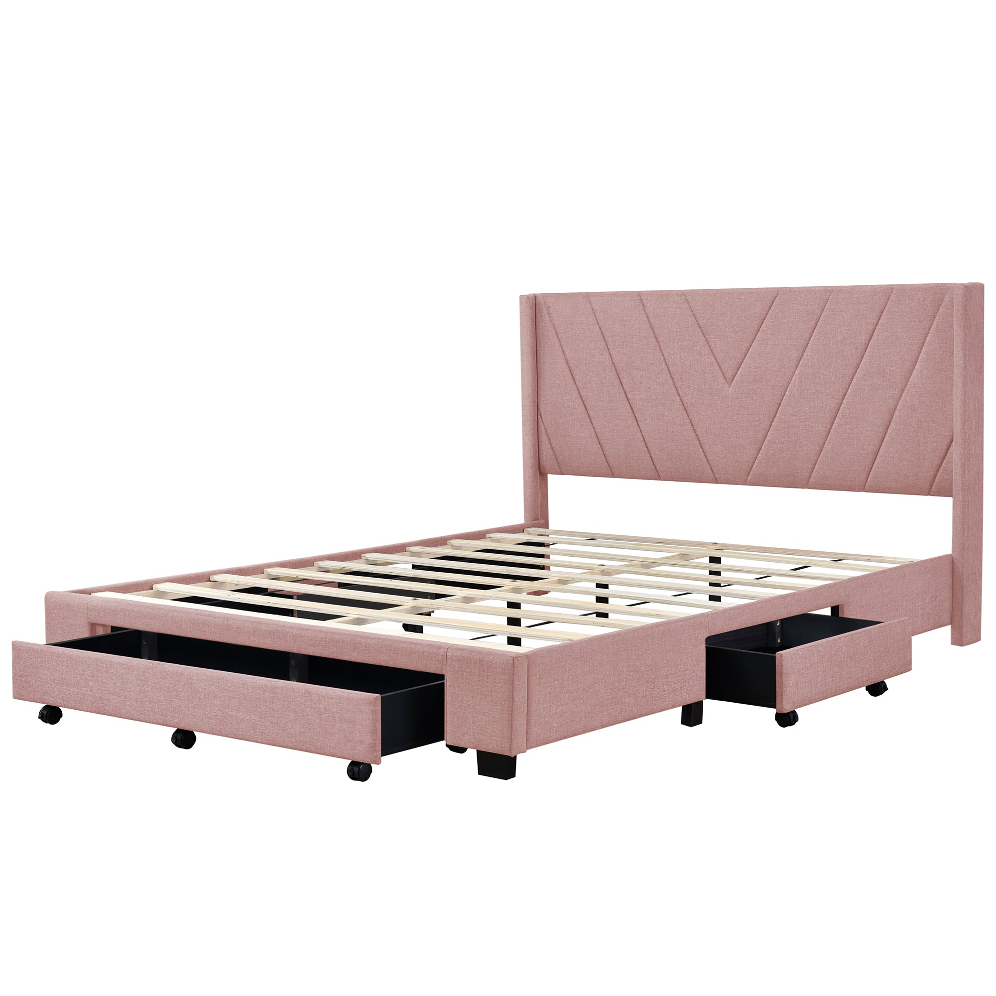 Queen Size Storage Bed Linen Upholstered Platform Bed with 3 Drawers - Pink