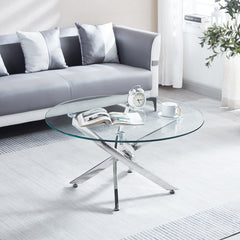 Modern Round Tempered Glass Coffee Table with Chrome Legs - Silver