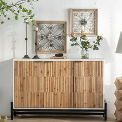 Retro Fashion Style 3-Door Storage Cabinet with Vertical Grain Embossed Design and Double Layer Storage Space - White + Oak