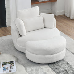 39"W Oversized Swivel Chair with Moon Storage Ottoman, 4 Pillows - Teddy Fabric White
