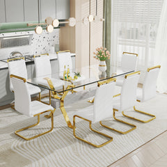 Modern and Luxurious Tempered Glass Rectangular Dining Table with 8 White PU Gold Plated Leg Chairs