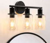 3-Light Vanity Light with Clear Glass Lampshade - Black Metal