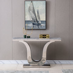 Modern Rectangular Marble Console Table Stainless Steel Base with Silver Mirrored Finish