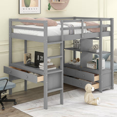 Twin Size Loft Bed with Built-in Desk with Two Drawers, and Storage Shelves and Drawers - Gray