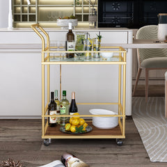 Serving cart, Rolling Bar or Cart for Tea or Cocktail, 2-Tiered Glass and Metal - Gold
