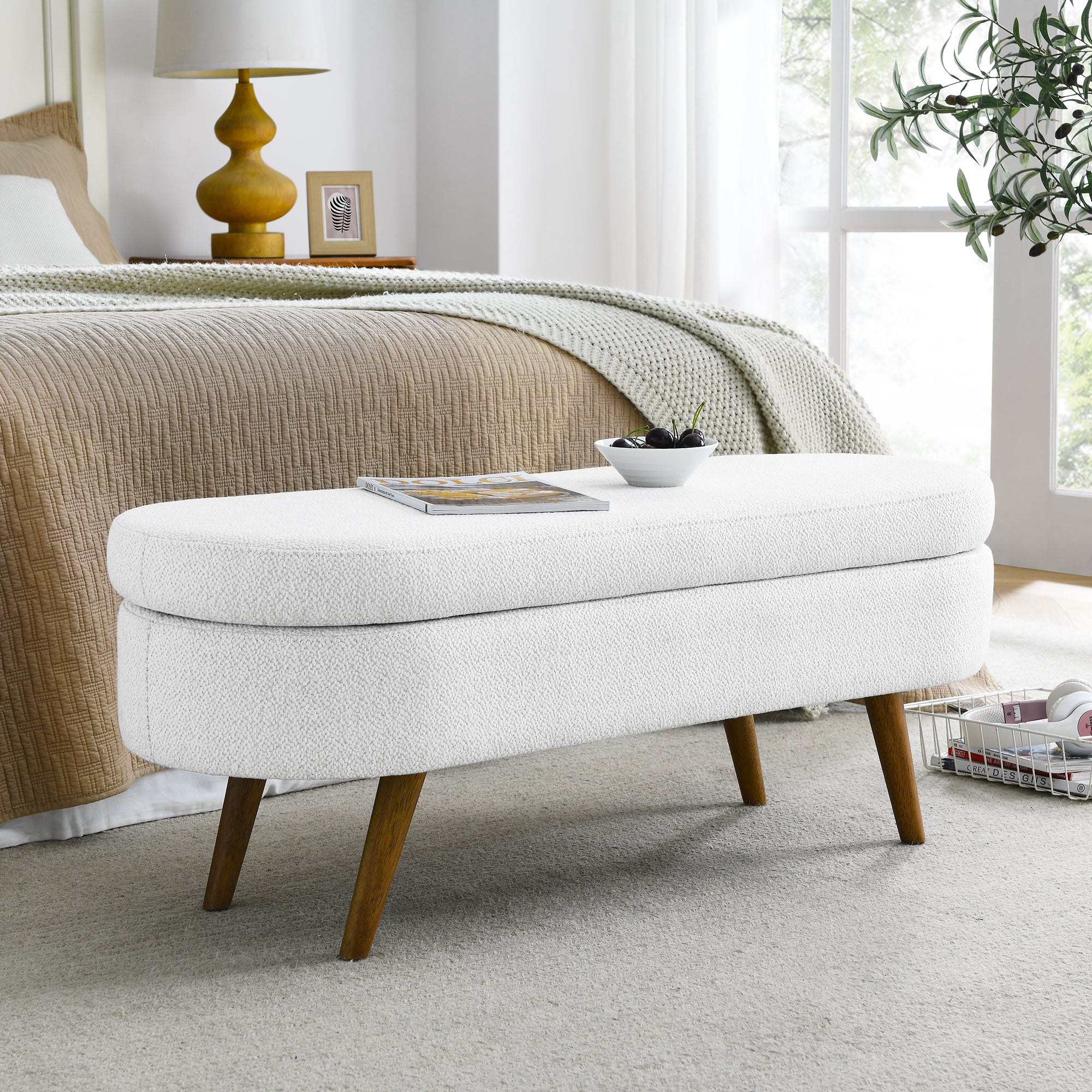 Ottoman Oval Storage Bench, Rubber Wood Legs - White