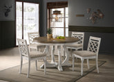 Vintage Walnut 5 Piece 47" Wide Contemporary Round Dining Table Set with Off White Fabric Chairs