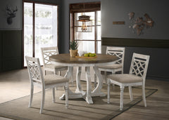 Vintage Walnut 5 Piece 47" Wide Contemporary Round Dining Table Set with Off White Fabric Chairs