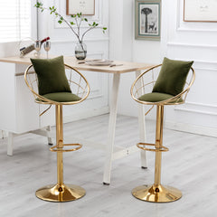 Bar Chair Pure Gold Plated Adjustable Height (Set of 2) - Olive Green Velvet