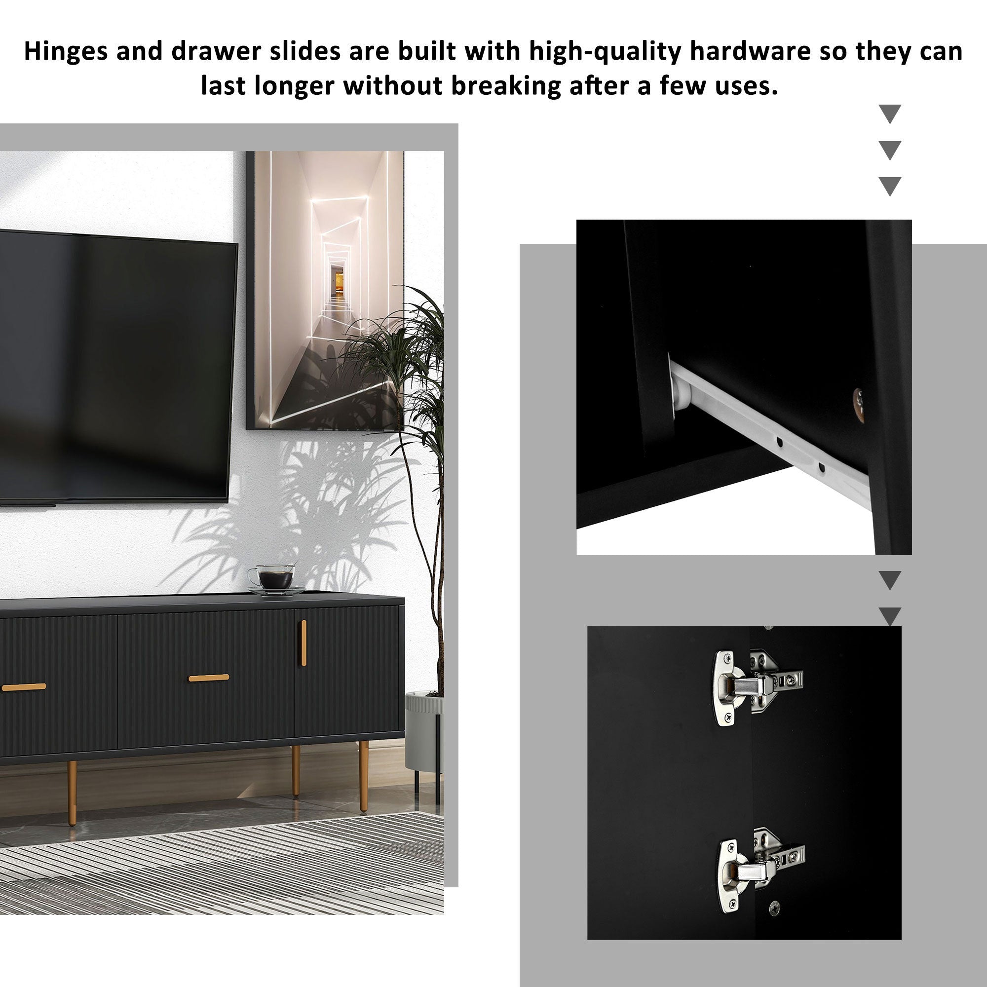 Modern TV Stand with 5 Champagne Legs, TVS Up to 75'' - Black