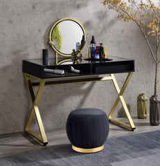 Vanity Desk w/Mirror & Jewelry Tray - Black & Gold Finish