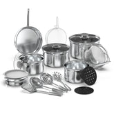18-Piece Stainless Steel Kitchen Cookware Set, Including Saucepan, Casseroles with Tempered Glass Lid, Frypan, Steamer, Salad Bowl with Cover, Fryer Basket, Heat Resistant Mat & Utensils Set - Silver