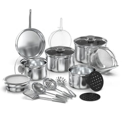 18-Piece Stainless Steel Kitchen Cookware Set, Including Saucepan, Casseroles with Tempered Glass Lid, Frypan, Steamer, Salad Bowl with Cover, Fryer Basket, Heat Resistant Mat & Utensils Set - Silver