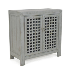 Farmhouse Inspired Accent Cabinet - Lattice Work Front - Distressed Grey Finish