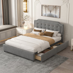 Elegant Queen Size Bed with Classic Headboard and 4 Drawers - Velvet Gray